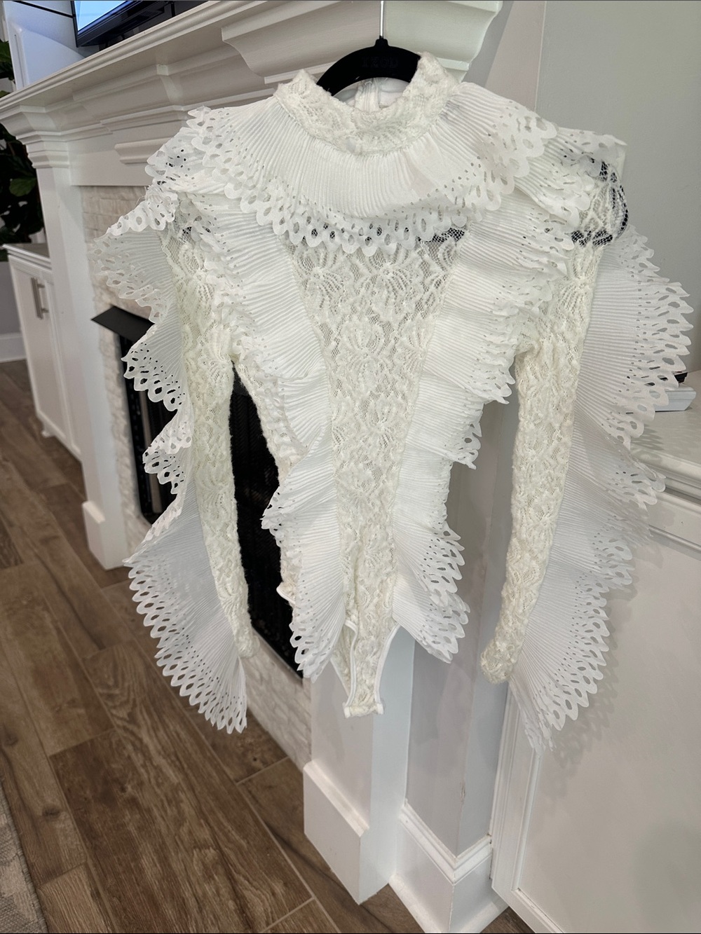 White Lace Ruffle High-Neck Bodysuit with Pleated Trim